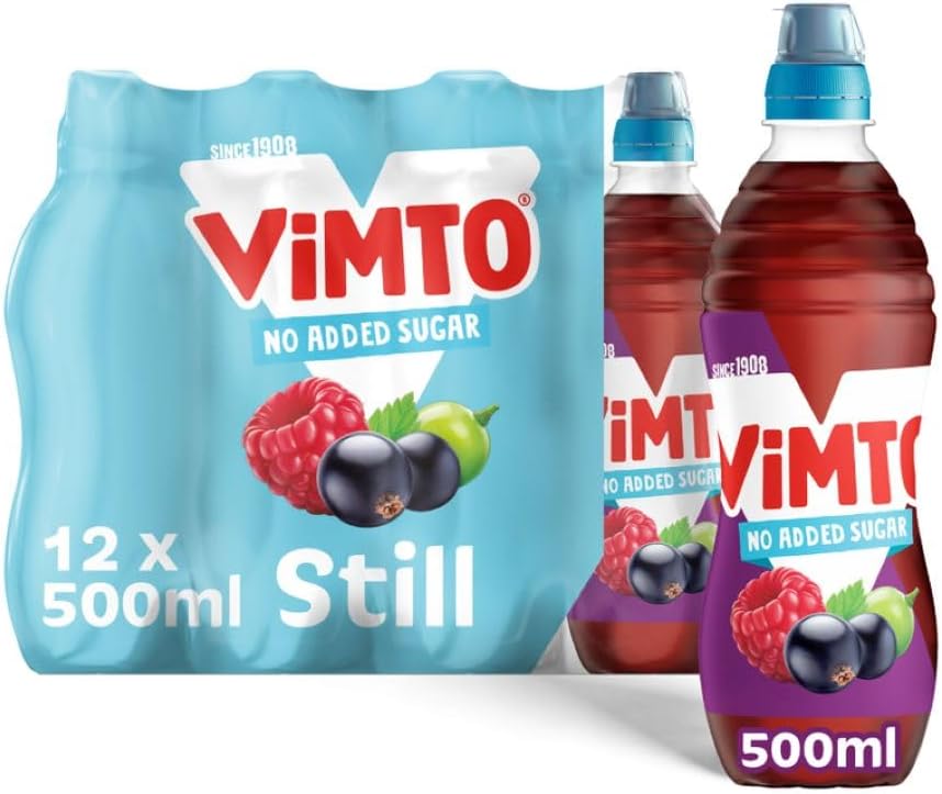 Vimto Still Juice Drink – No Added Sugar – Blackcurrant, Grape & Raspberry – Vitamins C & D – 12 x 500ml Bottles – HFSS Compliant