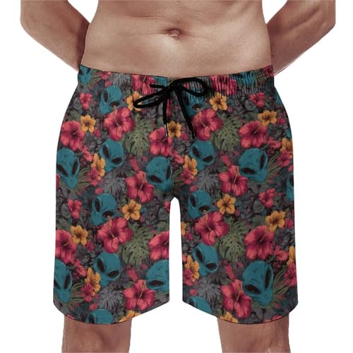 Hawaiian Shorts for Men - Comfy Hawaiian Floral Alien Print Mens Swim Trunks Bathing Suits with Mesh Lining