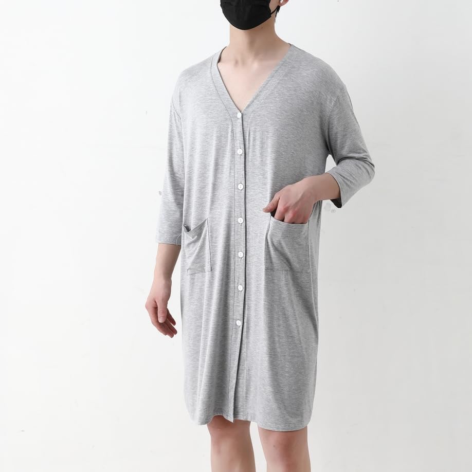 Men's Soft Nightgown with Pockets V Neck Button Down Nightshirts Mid Sleeve Sleep Shirts Big & Tall Couples Pajamas4