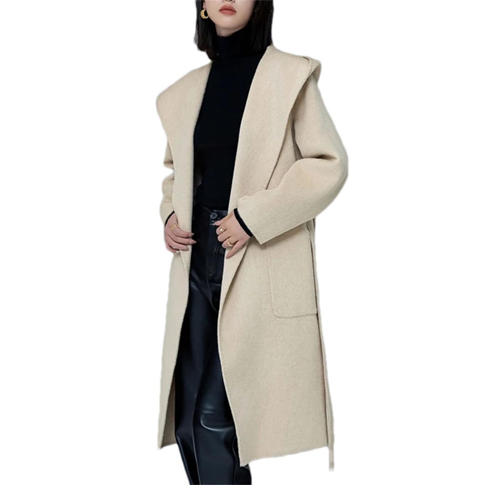 Women'S Alpaca Wool Hooded Long Coat With Belt Pockets Reversible Wool Cardigan Trench Coat
