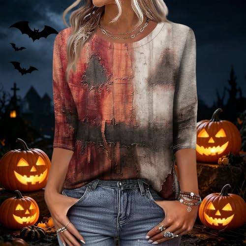 Image of Women Spooky Halloween Graphic Shirt 3 /4 Length Sleeve Crewneck Top | Halloween Funny Printed Pumpkin Plus Size Tshirts 2026 Fall Outfits Skeleton Tee Going Out Tops