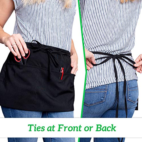Green Lifestyle 12 Pack Server Aprons With 3 Pockets - Waist Apron, Waitress Apron For Women And Man, Water Resistant With Long Waist Strap Reinforced Seams, Half Apron (Black) #TOP5