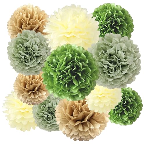 12 Pièces Pompon Papier de Soie Vert Sauge, Pompon Papier en Papier de Soie, Boule Decoration,...