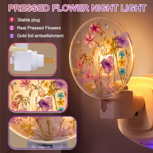 Image of Glooglitter Pressed Flower Night Light Plug in-Handmade Dried Floral Wall Night Light, Glow Decorative Nightlight for Hallway Bedroom Nursery Bathroom, Vintage Botanical (Purple, Wildflowers)