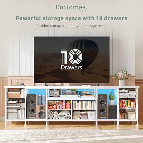 Image of 75.5 inch Long TV Stand for 85 /80 /75 inch TVs with LED, Power Outlets & 10 Drawers | White Television Stands with 2 Separate Wood Shelves, Spacious Storage,Sturdy Metal Frame for Bedroom Living Room