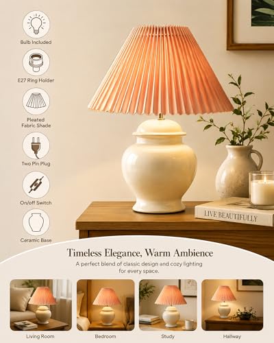 Image of Homesake White Ceramic Table Lamp for Bedroom Living Room,Incandescent,Modern Bedside Lamps Light,Nightstand for Home Office,Minimalist Nordic Style Accent Lighting Decor, (Jute Pleated Shade)