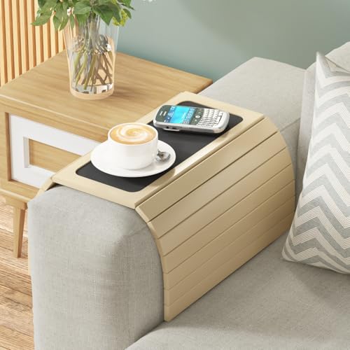 Image of Home Sparkle Wooden Couch Armrest Tray Table | Adjustable Foldable Sofa Arm Tray with Cup Holder | Serving Tray Organizer for Snacks, Tea, Coffee, Phone & Remote | Fits Most Sofas & Recliners