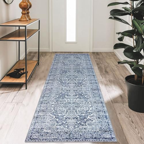 KUTA Vintage Washable Runner Rug, 2x7 Non-Slip Vintage Blue White Hallway Kitchen Runners Soft Printed Distressed Tribal Farmhouse Floor Carpet Rugs for Laundry Bedroom Living Room