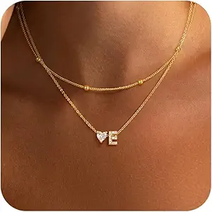 Initial Heart Necklaces for Women - Dainty Cute Necklace Small Layered 14K Gold Plated A-Z Letter CZ Pendant Trendy Satellite Chain Necklaces for Women Non Tarnish Gold Jewelry Set Gift