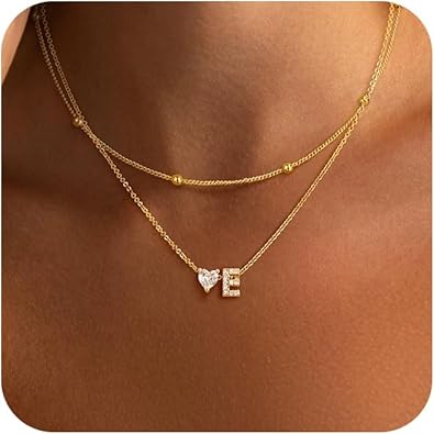 Initial Heart Necklaces for Women - Dainty Cute Necklace Small Layered 14K Gold Plated A-Z Letter CZ Pendant Trendy Satellite Chain Necklaces for Women Non Tarnish Gold Jewelry Set Gift