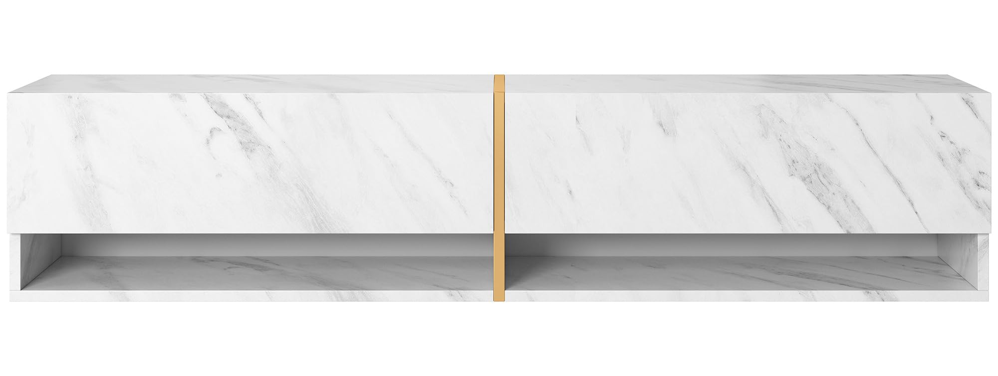 Selsey Mueble De TV Suspendido con 2 Puertas 2 Cajones Mesa De TV para Salón Dormitorio 140 cm Mármol Blanco con Inserción Dorada Mirrgo