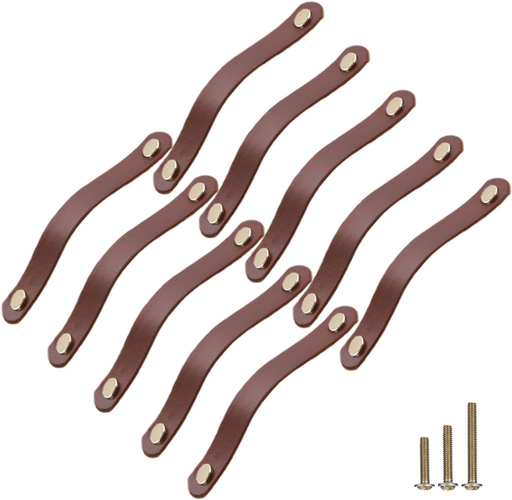 10 Pack Soft Genuine Leather Drawer Pulls Handle 6.7 x 1,Wardrobe Kitchen Closet Knobs Door Cabinets Pulls Handles with Screws,Home Decoration, Handmade (6.7" Total Length, 10 Pack)