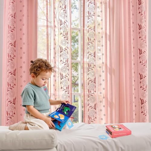 Image of jinchan Pink Sheer Curtains 63 Inch, Embroidered Floral, Light Filtering, 2 Panels for Girls Room & Nursery, Bedroom, Dorm, Living Room