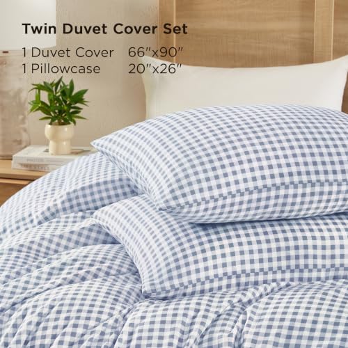 Image of Andency Gingham Duvet Cover Twin Size, Misty Blue Checkered Plaid Bedding Set with Zipper Closure & Corner Ties, 2 Pieces Soft Prewashed Microfiber Comforter Cover for Dorm Kids
