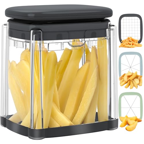 Zaveer French Fry Cutter, 3-in-1 Potato Cutter for Fries, Potato French Fry Onion Cutter, Food Chopper Manual Hand Vegetable Cutter Dicer Apple Slicer, 3 Blades(NOT For Sweet Potatoes)
