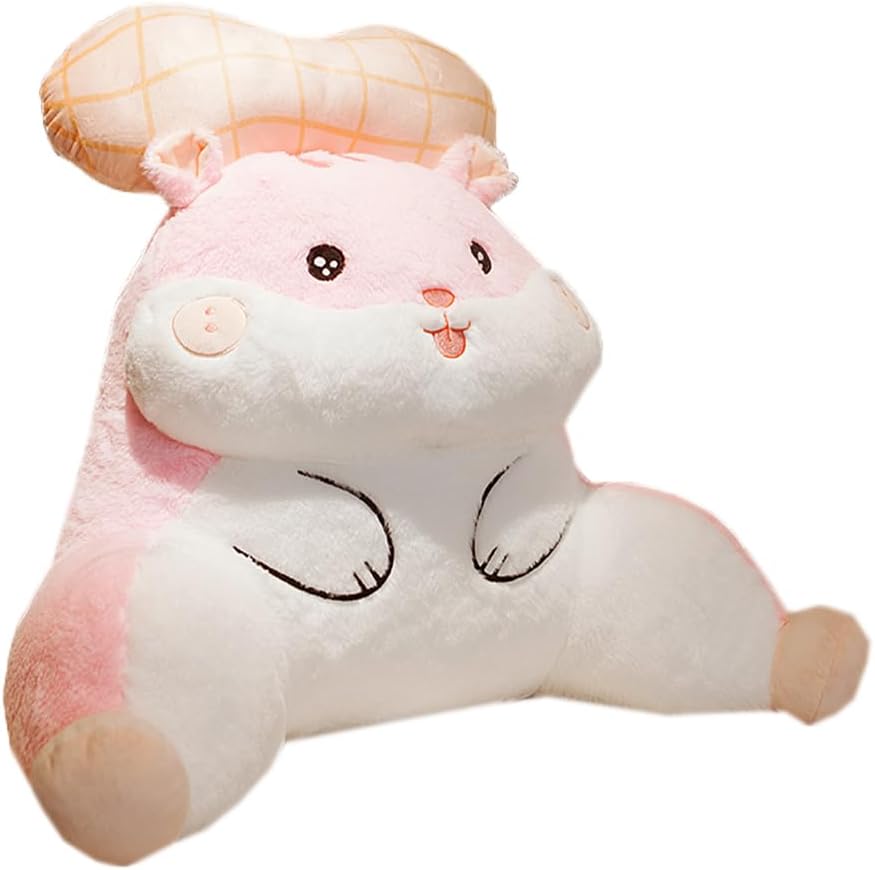Cute Hamster Bed Backrest Pillow Plush Office Chair Lumbar Support Pillow Sofa Waist Back Cushion Soft Reading Pillow (Peanut-Gray, 60×50cm/23.6"×19.7")