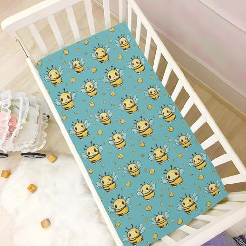 Image of Fitted Crib Sheets Cartoon Bee Holding Honey Pot Stretchy Portable Playard Sheets for Baby Toddler, Breathable Soft Mini Crib Mattress 39 x 27 in for Boys and Girls