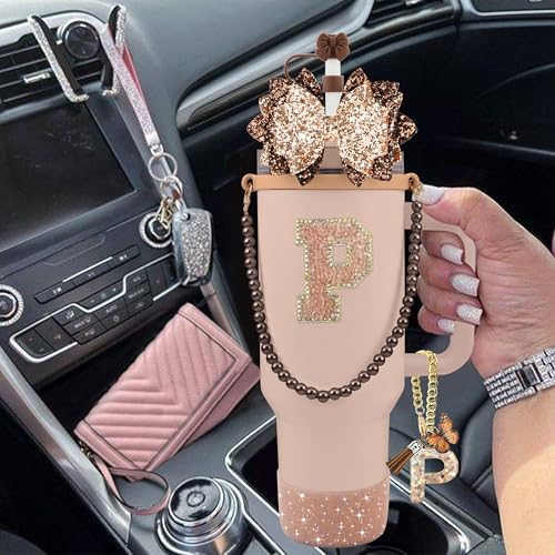 Hpebl 9PCS Brown for Stanley Cup Accessories Set Bling Initials Bow Charms for Stanley Decorations 30/40 Oz Tumbler Accessories Including Bow Straw Topper, Handle Strap, Spill Stopper（Letter P） - image 6