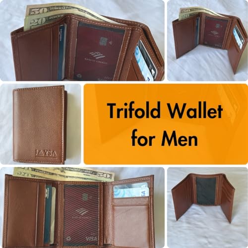Jaysa Turkish Leather Trifold Wallets for men | Mens Trifold Leather Wallet with ID Window | Large Capacity | Genuine Lether tri fold wallet for men | Woody Tan3