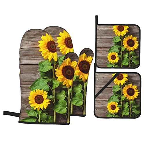 Spring Sunflowers On Board Oven Mitts and Pot Holders Sets of 4 High Heat Resistant Summer Flowers Vintage Oven Mitts with Oven Gloves and Hot Pads Potholders for Kitchen BBQ Non-Slip Cooking Mitts