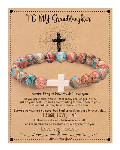 Image of Cross Bracelets for Women, Christian Gifts for Women Stocking Stuffers for Teens Cross Bracelet Imperial Nature Stone Bead Bracelet Confirmation Baptism Gift for Teen Girls Christmas Religious Gift Cathlic Faith Jewelry