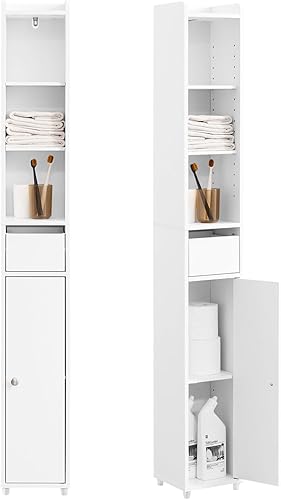 Miniatura 12 de SoBuy Gabinete de Almacenamiento Alto y Estrecho, Gabinete de Baño Delgado con Estantes Ajustables Esbeltos, Armario de Pie Antivuelco, Blanco con