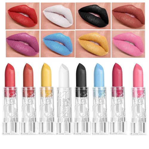 GL-Turelifes 8-teilige Halloween Lippenstift Set Matt Lippenstift Kit Haltbare Rot Lila Weiß Blau Gelb Rosa Schwarz Samt für Maskerade, SFX, Kostüm, Cosplay, Halloween Make-up