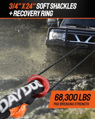 Image of DAYDOOR 68,300 LBS Soft Shackle Recovery Kit, 3 /4 inch x 24 inch (2-Pack) with 7075 Aluminum Snatch Ring, Winch Accessory for Ford F250 /F350, Ram 2500 /3500, Heavy Tractor & Full-Size Trucks(Orange)
