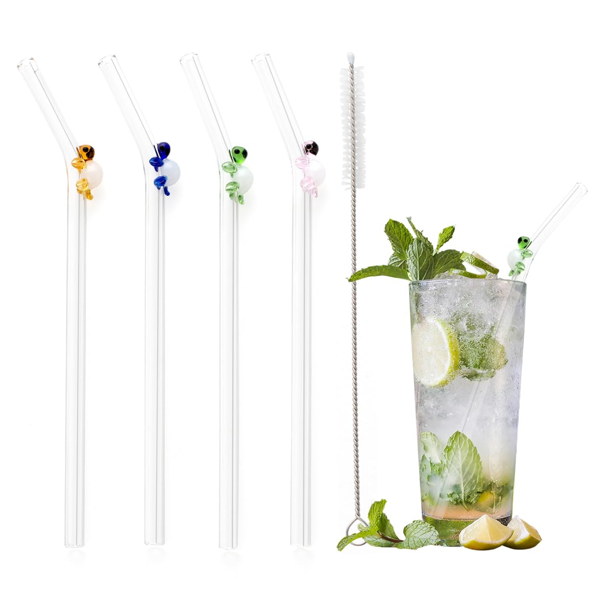 4 Pcs Glass Straws With Turtle Charms, Cute Fun Reusable Straws, With Design Clear Bent Straws, With 1 Pcs Straw Brush for Party Drink Cocktail (4 Pcs Turtle)