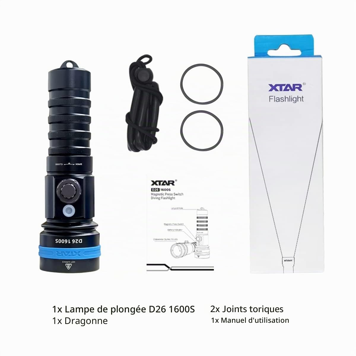 XTAR D26 1600S Lampe de poche sous-marine 1600 lm 4 modes IPX8 pour exploration en plein air et sports nautiques (pas de batterie)