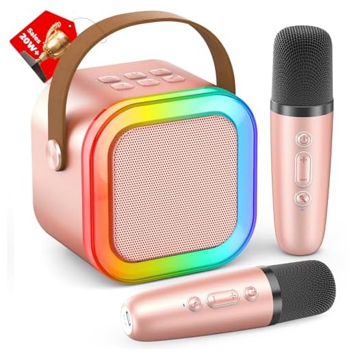 Karaoke Machine for Kids Adults, Portable Bluetooth Mini Karaoke Microphone Singing Speaker with 2 Wireless Mic and Light,Toys for All Smartphones,Birthday, Family,Home Party (Rose Gold)