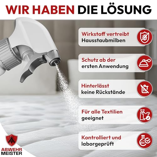 ABWEHR MEISTER Milbenspray für Matratzen & Polster 500 ml, effektives Abwehrmittel gegen Hausstaubmilben, giftfrei, laborgeprüft, Made in Germany (PT19)