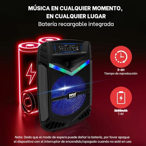 Pyle Sistema de Altavoces, PA, 1200W, Bluetooth, portatil, Recargable, Exteriores, subwoofer de 15”, Tweeter de 1”, función de grabación, micrófono, Luces de Fiesta, Radio USB/SD, Color Negro - imagen 5