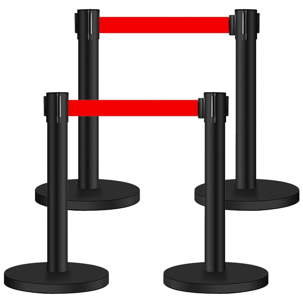 Aioneer Crowd Control Stanchions Set, Commercial Stanchion Post With Retractable Belts And Sand Injection Base For Airports, Theaters, Banks-3m/9.8ft Black-4 Pack