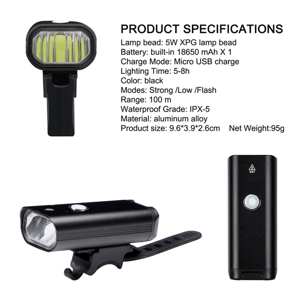 Faro Anteriore a LED per Bicicletta, Ricaricabile Tramite USB, con 3-5 modalità di Funzionamento, Torcia di Sicurezza con Luce di Segnalazione.