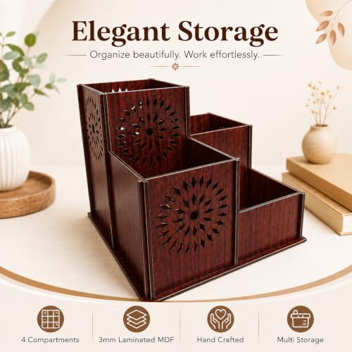 Image of Zesta Wooden Desk Organizer Pen Stand Remote Holder Card Slot | Table Accessory Office Desk Study Room | Pencil Storage Stand Stylish Workspace Decor (Rosewood, 4 Compartment Organiser)