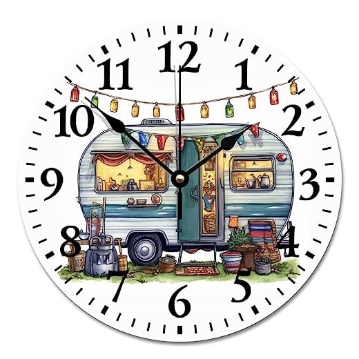 RV Vintage Wall Clock Fifth Wheel Camper Travel Trailer Wood Clock 10 in Silent Non-Ticking Wooden Wall Clocks Battery Operated Living Room Bedroom Kitchen Farmhouse Decor