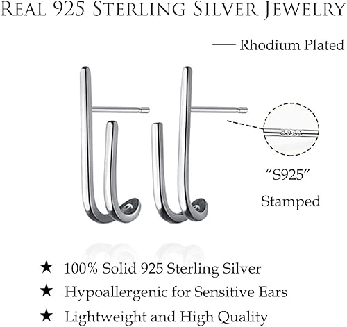 Miniatura 7 de Reffeer Solid 925 Sterling Silver Bar Open Hoop Earrings Huggie Studs for Women Teens Bar Half Hoop Earrings Huggie
