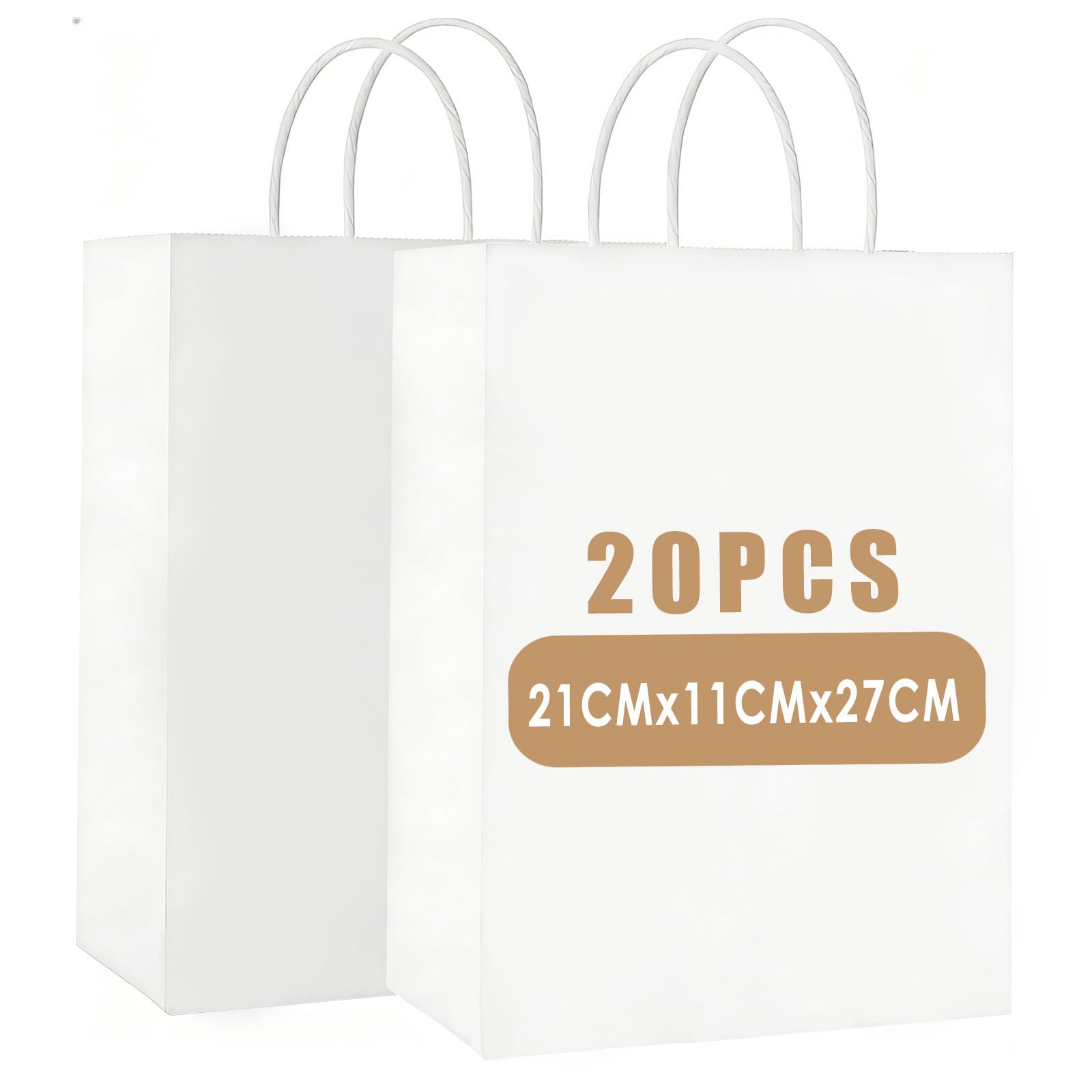 20 Large White Gift Bags with Handles - Kraft Paper Bags for Grocery, Baking, Shopping, Merchandise, Boutique, Retail (Thicken 130gsm)
