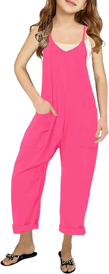 Cnkwei Girls' Casual Sleeveless Jumpsuits Spaghetti Strap Loose Romper Long Pants with Pockets