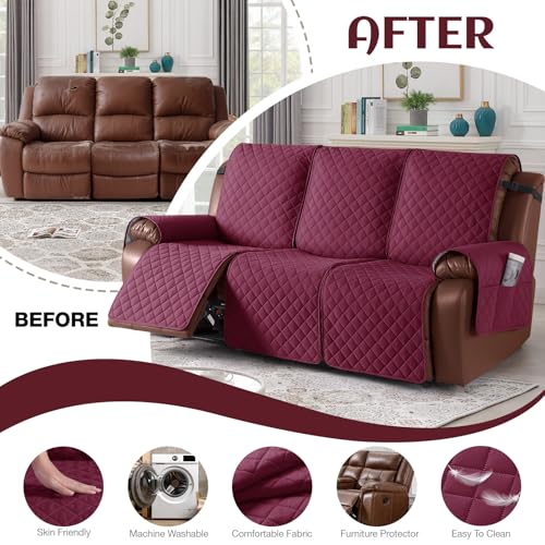 Image of KinCam Recliner Sofa Covers for 3 Seat, 100% Waterproof Reclining Couch Covers, Non-Slip Recliner Couch Cover Furniture Protector with Elastic Straps for Pets, Kids, Burgundy