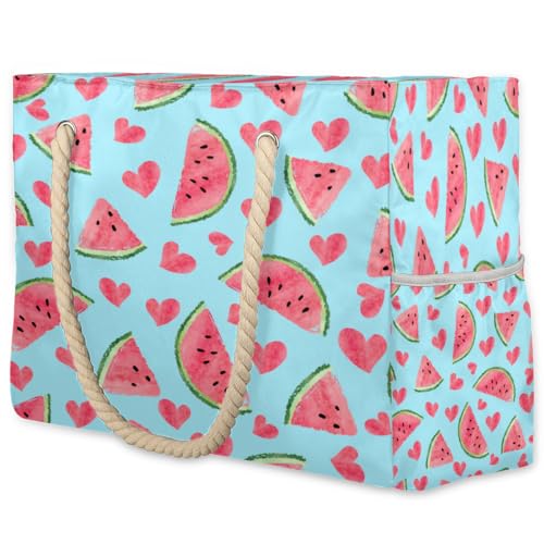 Watermelon Heart Pattern Large Beach Bag Waterproof Beach Bag for Women Oversized Sandproof Beach Tote Bag with Zipper for Gym Travel Daily Pool Bag Big Tote
