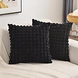 FUTEI Black Decorative Throw Pillow Covers 20x20 Inch Set of 2,Square Cushion Case,Fluffy Faux Rabbit Fur Plaid & Soft Velvet Back,Modern Home Decor for Couch Bed