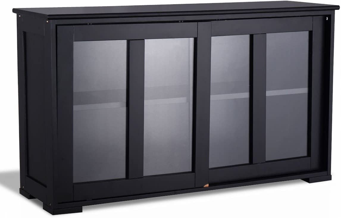 Kitchen Stackable Storage Cabinet with Height Adjustable Shelves & Glass Sliding Doors, Cupboard Server Buffet Console Sideboard, Black