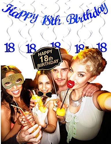 18th Birthday Decorations Blue Happy 18th Birthday Banner Hanging Swirls Streamers for Boys 18 Birthday Anniversary Party Decor Photo Backdrop