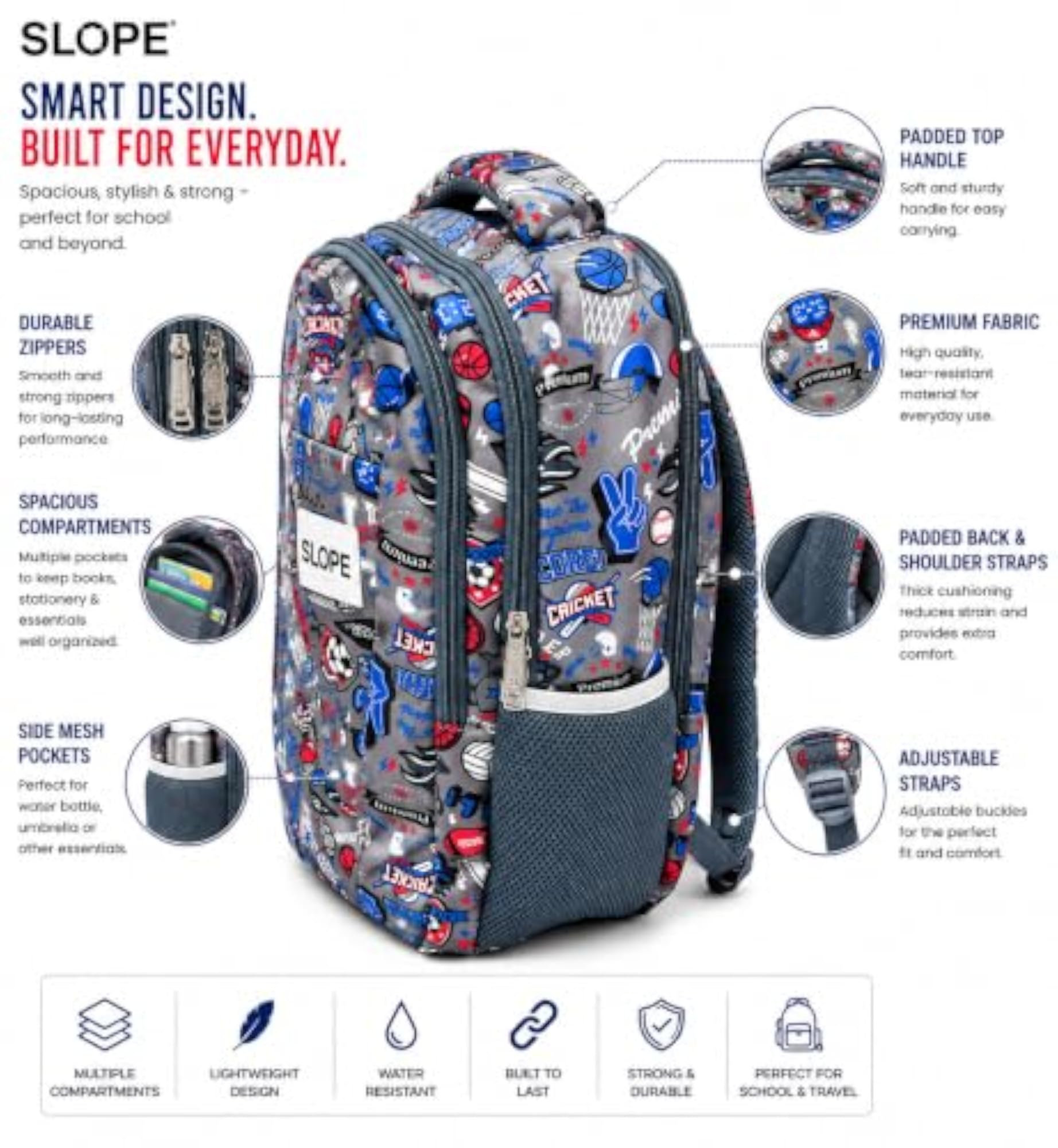 Kids Grey School Backpack with Sports Print