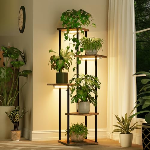 Bamworld Soporte alto para plantas con luz de crecimiento, soporte esquinero para plantas de interior, estante de esquina de madera de metal de 5 niveles con luces para sala de estar, dormitorio