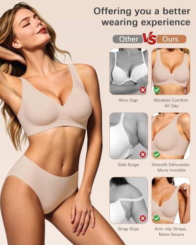 SCECXY Deep V Seamless Wireless Jelly Bras for Women Daily T-Shirt Bra (Light Skin, 34D) - image 4