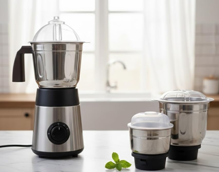 Image of Mixer Grinder Set with 3 Stainless Steel Jars - Multi-Purpose Kitchen Appliance for Efficient Food Processing and Blending