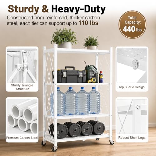Image of 4 Tier Foldable Metal Storage Shelves on Wheels No Assembly | heavy-duty shelf unit for Kitchen, Garage, Pantry, Basement, Bookshelf, White